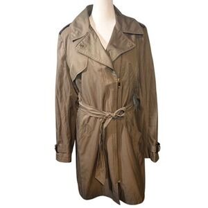 Via Spiga Asymmetrical Zip Trench Coat Large Faux Leather Trim Sage Green Belt